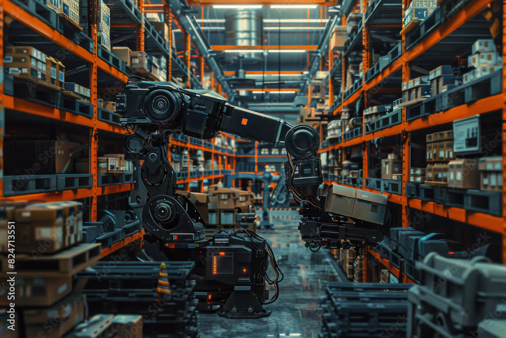 Automated Robot Carriers And Robotic Arm In Modern Distribution Warehouse
