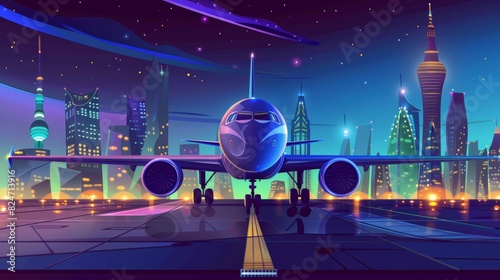 Cartoon illustration of a night charter takeoff from a city airport. A plane stands on the ground near an airport terminal with futuristic architecture, and a skyscraper illuminates in the photo