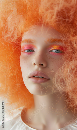 close up of a white woman with orange afro hair, pink eye shadow and blush on her face