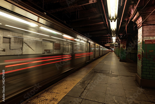 Long exposure blurry motion of train passing subway station