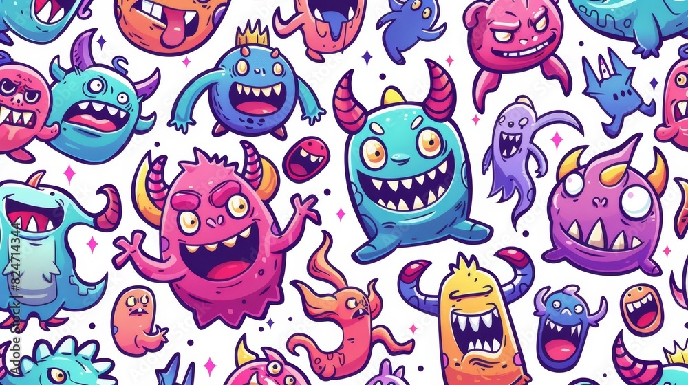 The Doodle Monster pattern is seamless in color. The cartoon character is a modern texture. The Doodle Monster pattern is seamless in color. The cartoon character is a modern texture.