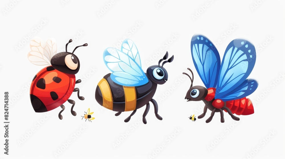 Isolated on a white background, a cute cartoon ladybug, a bee, a blue butterfly, and a red ant