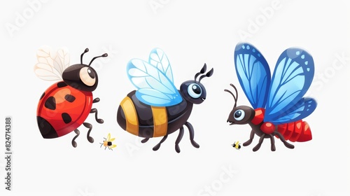 Isolated on a white background  a cute cartoon ladybug  a bee  a blue butterfly  and a red ant