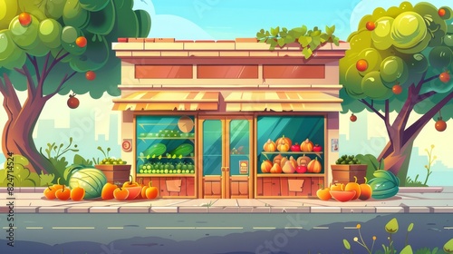 Vegetable and fruit shop building in urban landscape  cartoon modern background. Grocery store  farmer kiosk with open window showcase  shelves with products  road  sidewalk and green tree.