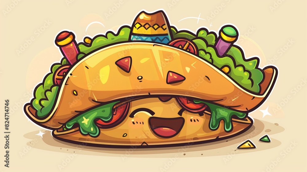 The taco has a Mexican hat and maracas on it. This modern cartoon illustration has simple gradients. The taco has a Mexican hat and maracas on it. This modern cartoon illustration has simple gradients.