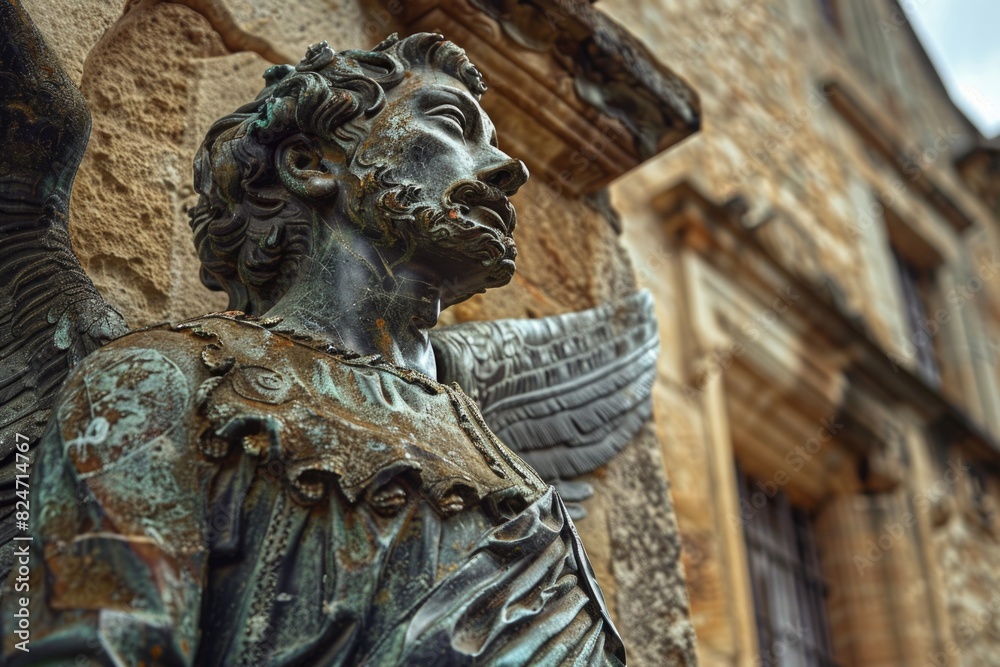 A majestic angel statue adorning a building facade. Ideal for architectural and religious concepts A majestic angel statue adorning a building facade. Ideal for architectural and religious concepts