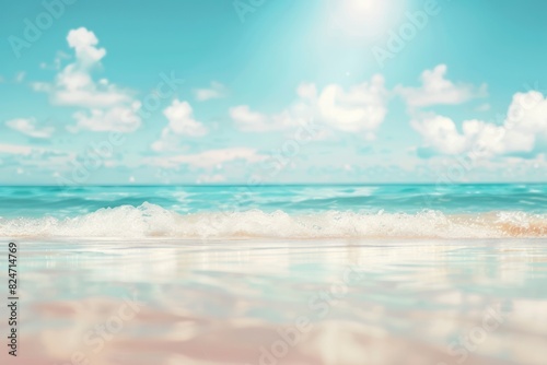 Blurred background of a beautiful beach with a blue sky and white clouds.