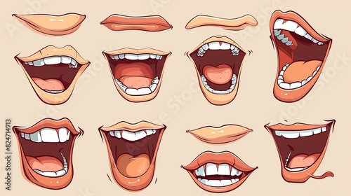 Lip sync collection of man faces for animation and sound rendering. Emotional expressions: smiling and screaming. Flat style modern illustration. Simple cartoon design. photo