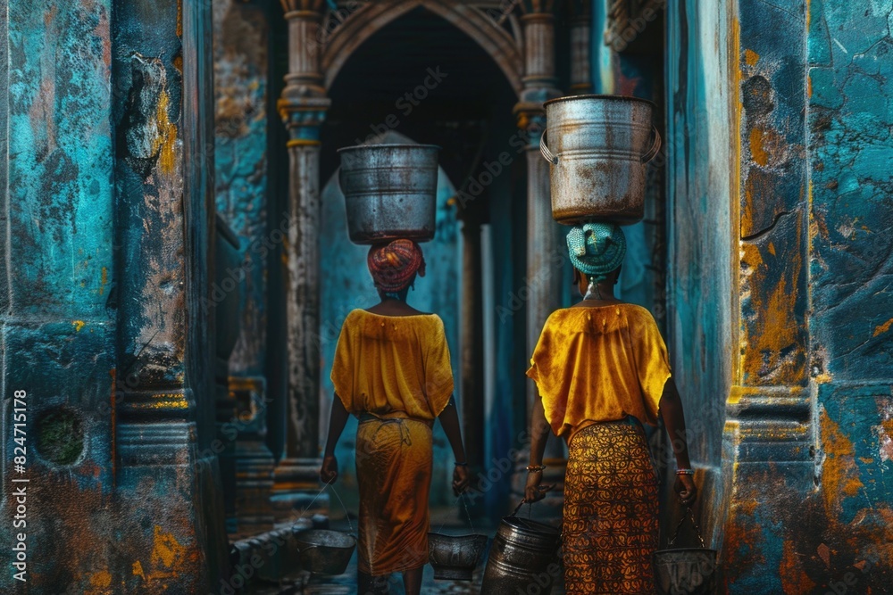 Two women carrying buckets of water on their heads. Suitable for lifestyle or community themes