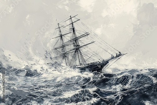 Black and white painting of a ship in rough water. Suitable for nautical themed designs