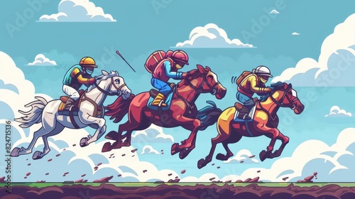 Sport joke, sport is fun, color cartoon, horse race, jockey riding horse and horse riding jockey.