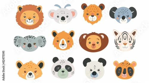 Animated cartoon animals. Zoo animal characters. Koala, lion, dog, bunny, bear, panda, tiger, cat.