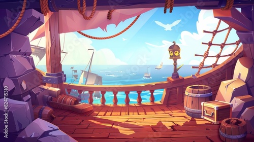 Cartoon illustration of wooden pirate deck onboard a pirate ship, wooden boxes and barrels, a mast with ropes, lanterns, and a skull buccaneer flag on a seascape background with rocky cliffs. photo