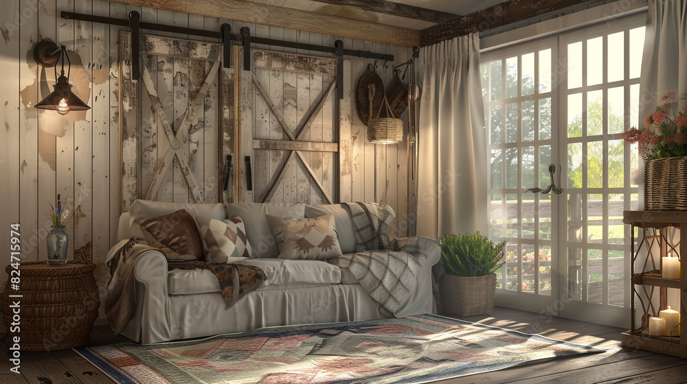 A farmhouse living room with a sliding barn door, a quilted throw, and mason jar lighting. 