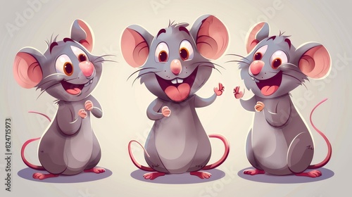 Three cartoon mice pest illustration. Series of cartoon pest mice.