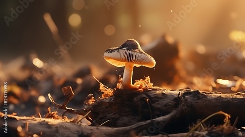 Abstract blurred nature background wooden mushroom on burned tree photo