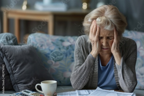 Depressed senior woman sitting on the couch at home about  her financial.