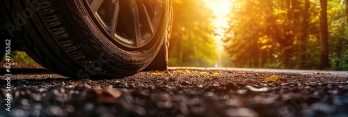 Tires Background. Summer Tires on Asphalt Road in Sunlight - Time for Spring Tire Service photo