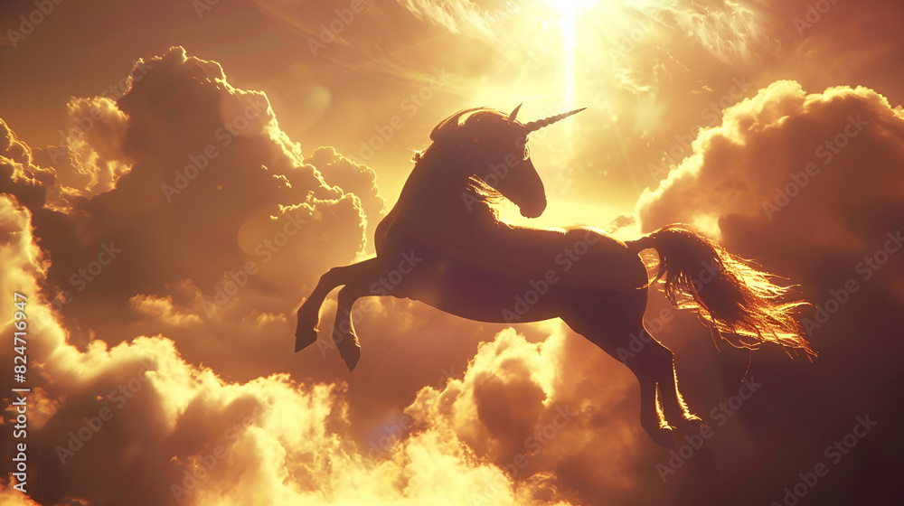 Naklejka premium Unicorn in the sky with magic sunlight