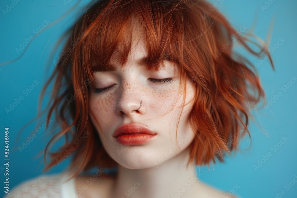 Fototapeta premium cute girl with red bob hair, bangs and closed eyes smiling on blue background