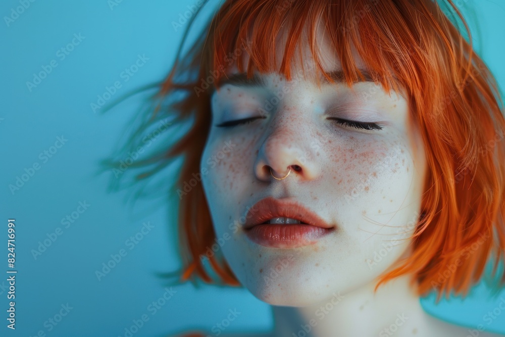 cute girl with red bob hair, bangs and closed eyes smiling on blue background cute girl with red bob hair, bangs and closed eyes smiling on blue background