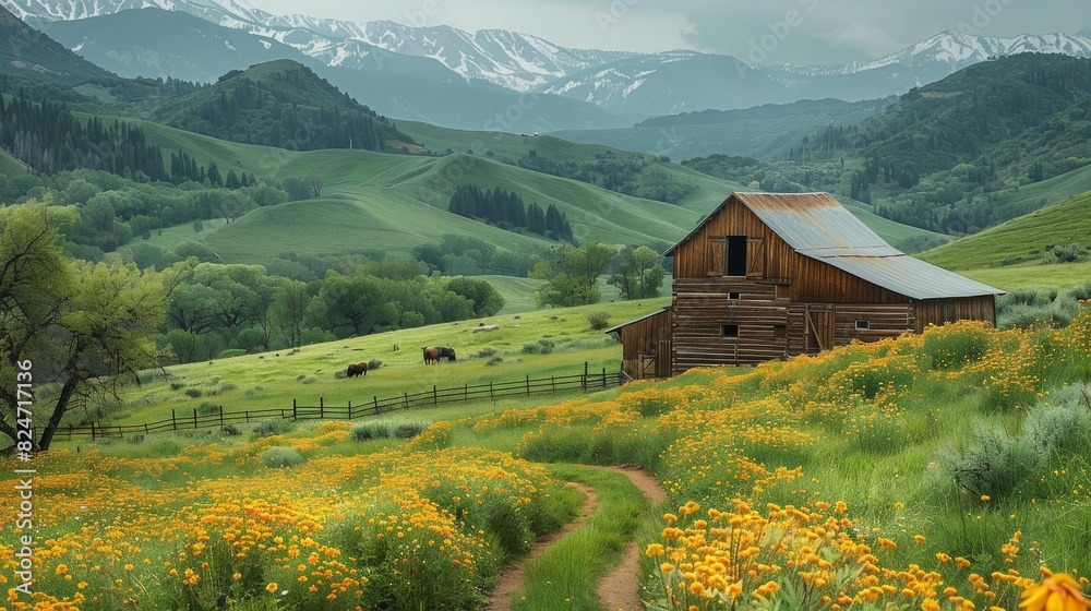 A rustic ranch in the mountains, surrounded by green pastures and yellow wildflowers, with an old wooden barn nestled among rolling hills. Generative AI.