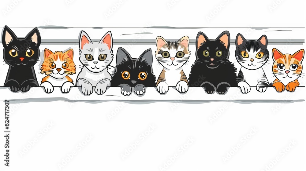 Many cartoon cats peeking out the window. Funny cartoon pets. Modern illustration on white background. Tattoo. Many cartoon cats peeking out the window. Funny cartoon pets. Modern illustration on white background. Tattoo.