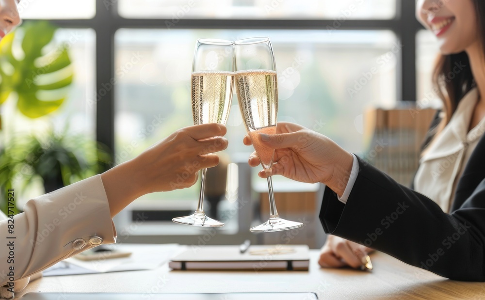 Close up of two business women clinking champagne glasses in an office Close up of two business women clinking champagne glasses in an office