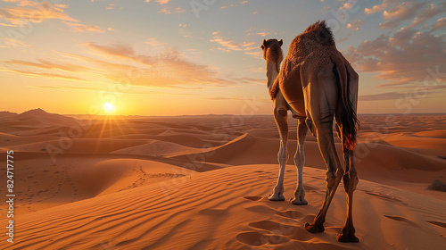 Camel plods onward, undeterred by the blazing sun overhead photo