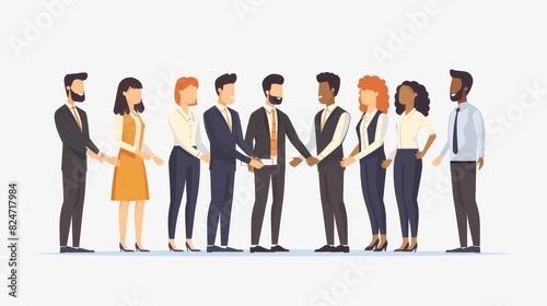 Modern illustration depicting several couples of business people shaking hands, dressed in business clothes of different nationalities. Isolated on white.