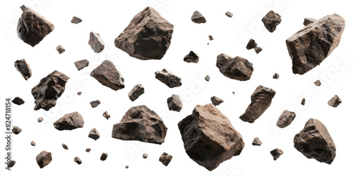 Asteroids swarm of boulders or stone meteorite isolated on a white background
