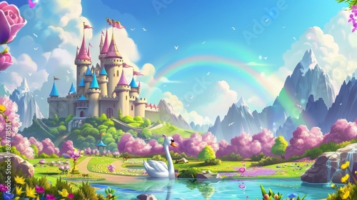 Princess castle in fairytale setting with rivers, flowers, meadows, mountains, and rainbow. Swans and lakes with lilies or lotuses. A cartoon wonderland. A fantasy fantasy world.