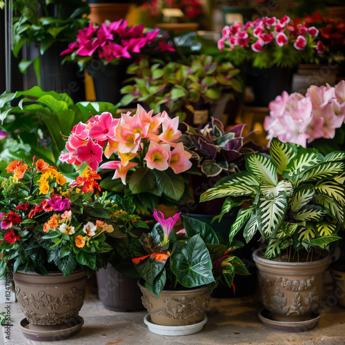 A picturesque scene unfolds before your eyes as vibrant flowers burst with color from neatly arranged pots