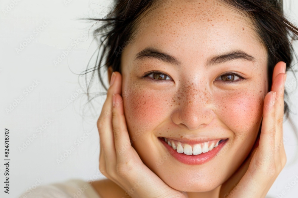 A beautiful woman smiling with her hands on the face on white background. A beautiful woman smiling with her hands on the face on white background.