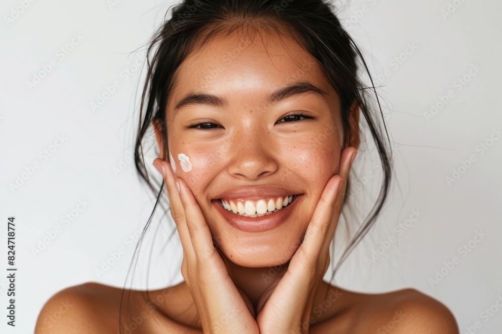 A beautiful woman smiling with her hands on the face on white background. A beautiful woman smiling with her hands on the face on white background.
