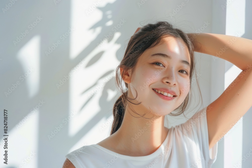 Young Asian woman with smooth underarms on white background. Young Asian woman with smooth underarms on white background.