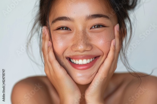 A beautiful woman smiling with her hands on the face on white background.