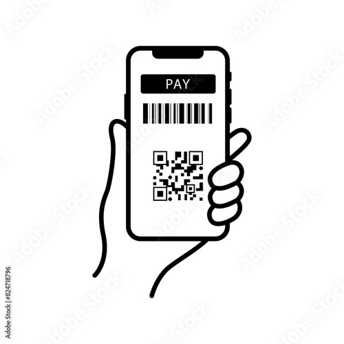 Scan qr code icon, hand paying with phone, scanner app, on white background.