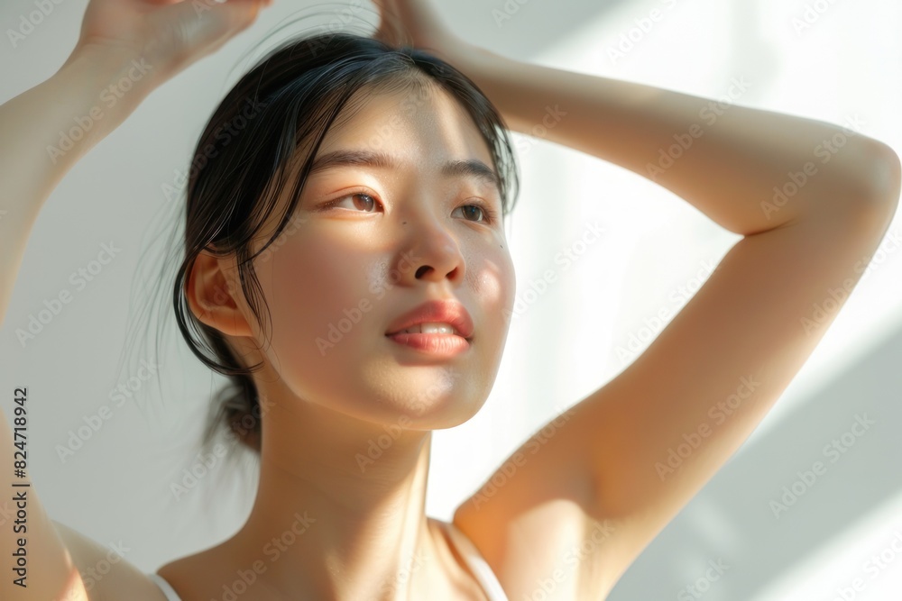 Young Asian woman with smooth underarms on white background.  
