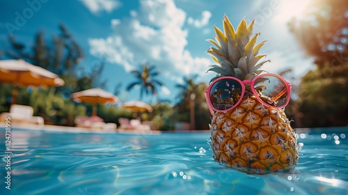 Funny Pineapples in stylish sunglasses in swimming pool, Tropical summer vacation concept,ai,3D render,generative ai,selective focus. photo