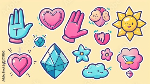 Retro cartoon stickers with abstract comic characters with gloved hands. Modern illustration of hand-drawn circles, hearts, suns, flowers, and clouds.