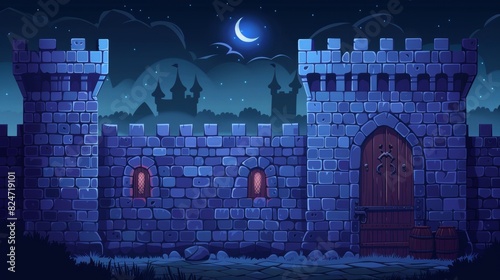 Stone castle wall at night. Modern cartoon illustration of ancient fortified city with windows, wooden gates, and towers, moon and stars in dark sky. Ancient architecture. Royal palace. photo