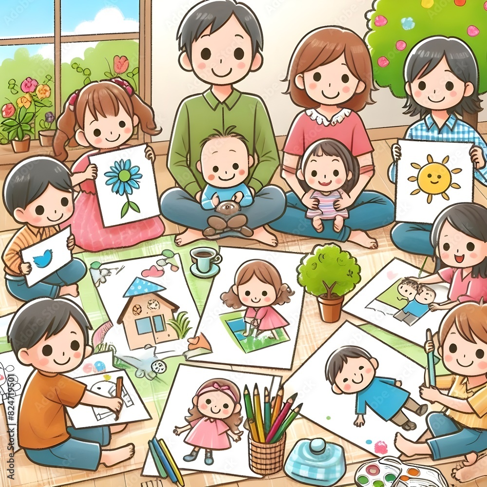 The children drew pictures of their families. The children drew pictures of their families.
