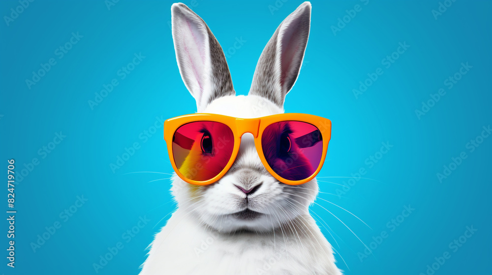Abstract clip-art of White Rabbit with trendy sunglasses. Contemporary colourful background. Copy space. Summer minimalism. For posters, planners, web, landing page Abstract clip-art of White Rabbit with trendy sunglasses. Contemporary colourful background. Copy space. Summer minimalism. For posters, planners, web, landing page