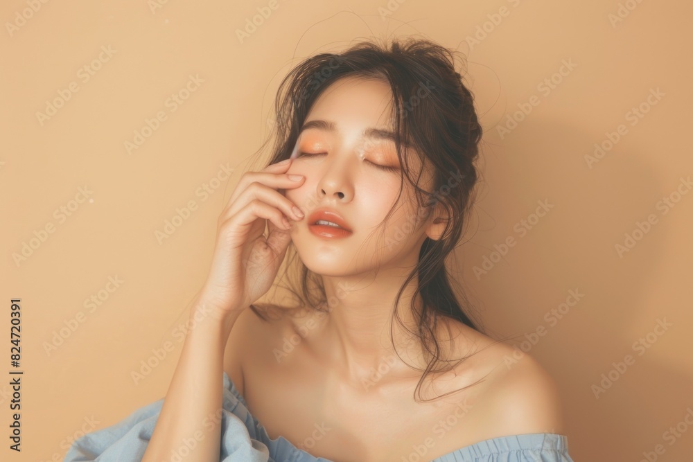 Young Asian woman touching her face with healthy skin. Young Asian woman touching her face with healthy skin.
