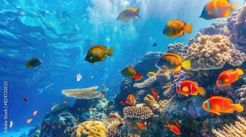 A multitude of fish swim together above a vibrant coral reef in clear ocean waters