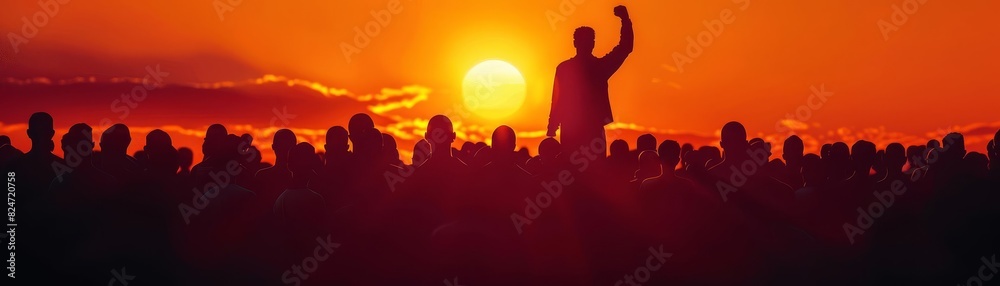 Fototapeta premium Moodfilled image of a protest scene, a sea of silhouettes with one persons fist prominently raised, the setting sun casting an orange glow over the determined crowd