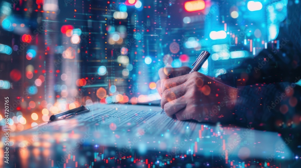 Businessman writing in documents with a pen on a blurred background of city. Businessman writing in documents with a pen on a blurred background of city.
