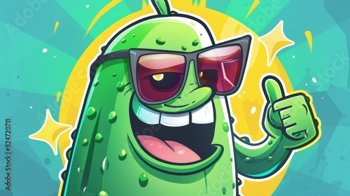 The pickle cartoon character wears sunglasses with a bad attitude and gives a thumbs up enthusiastically photo