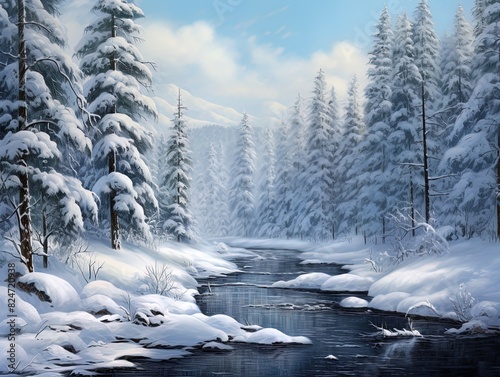 Snowy winter landscape. Snow-capped forest and frozen river. Winter landscape with snow. © Eidoran